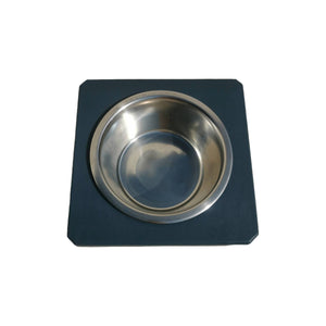 top view of a Hague Blue Handmade Raised Wooden bowl stand with a metal bowl on a white background