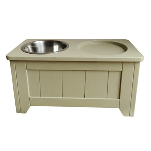 handmade raised wooden enrichment stand painted in farrow and ball shade ball green with a space for an enrichment feeding bowl and a stainless steel water  bowl