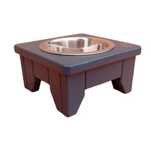 Hague Blue Handmade Raised Wooden bowl stand with a metal bowl on a white background