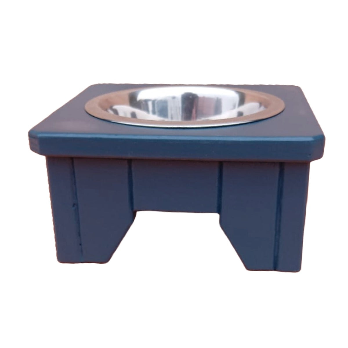 Hague Blue Handmade Elevated Wooden dog bowl stand with a metal bowl on a white background