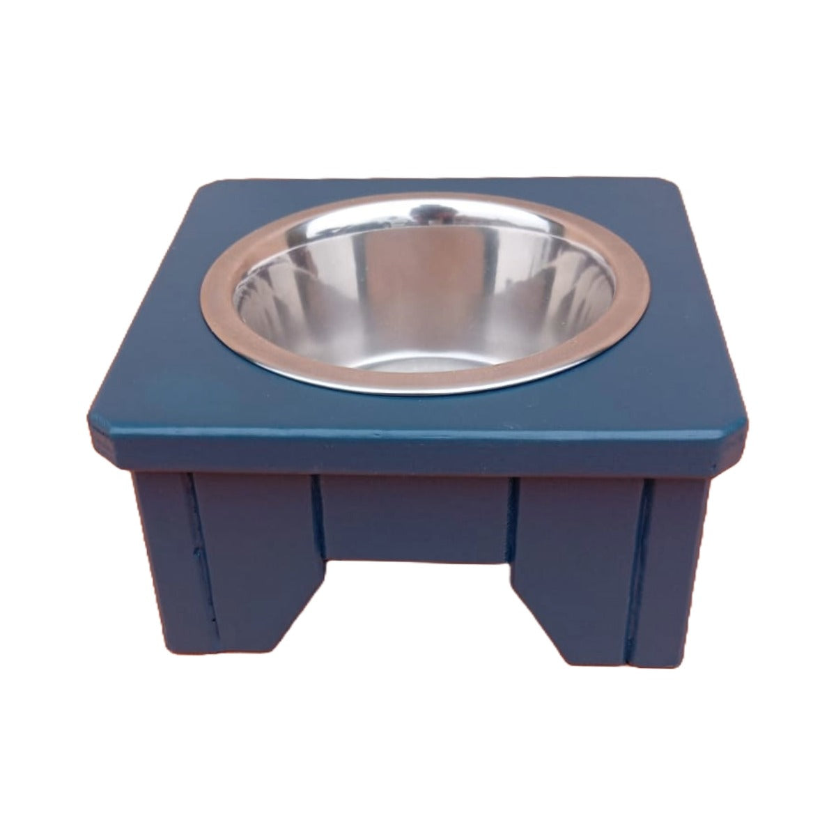 Hague Blue Handmade Raised Wooden bowl stand with a metal bowl on a white background