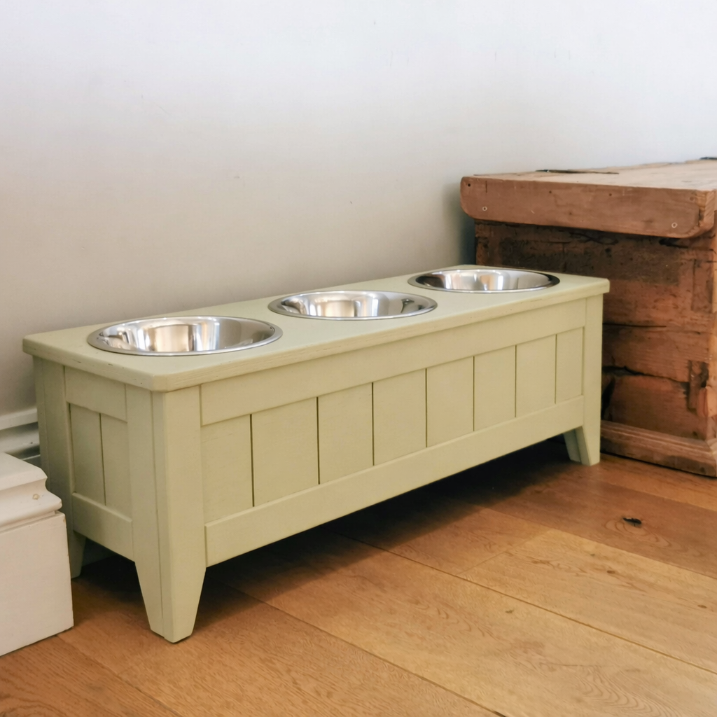 27cm tall triple raised handmade wooden dog bowl painted in Ball Green with three stainless steel inserts with a rustic wooden box in the background and a wooden floor